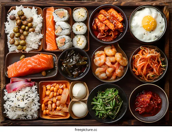 Variety of Asian Cuisine in a Wooden Box