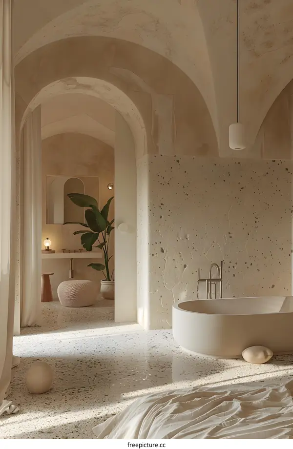 Modern Minimalist Bathroom with Arched Ceilings and Bathtub