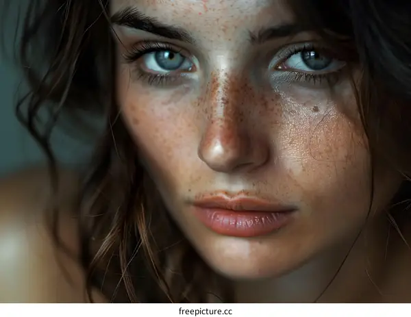 Close-up portrait of a young woman with freckles and blue eyes