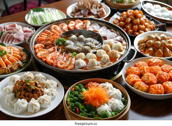 A delicious Chinese hot pot meal with various dumplings and other dishes
