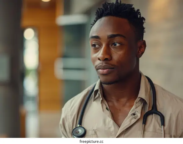 Portrait of a young African-American male doctor wearing a stethoscope