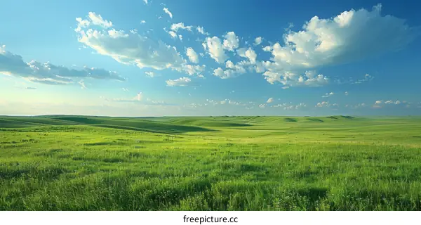Vast green prairie landscape under blue sky and white clouds