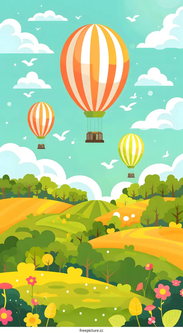Cartoon Landscape with Hot Air Balloons and Green Hills
