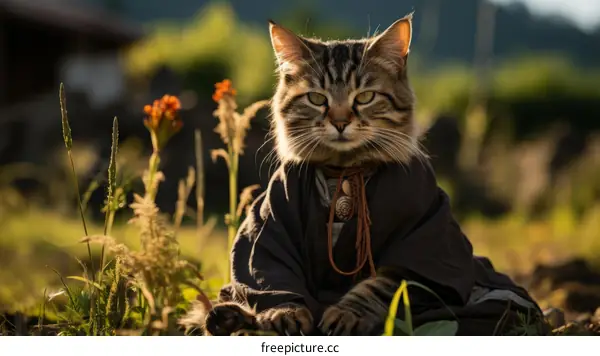 Cute Cat in Kimono Sitting in a Flower Field
