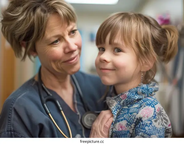 A female doctor is talking to a little girl