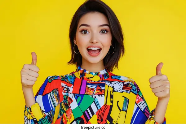 Excited Woman Giving Thumbs Up in Colorful Fashion