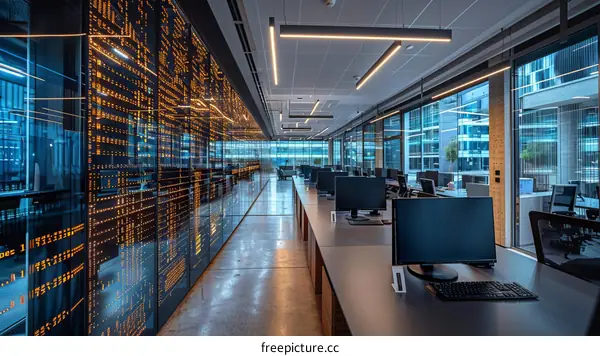 Modern Office Interior with Illuminated Wall and Workstations