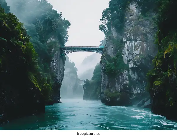 Bridge Over River in Foggy Forest