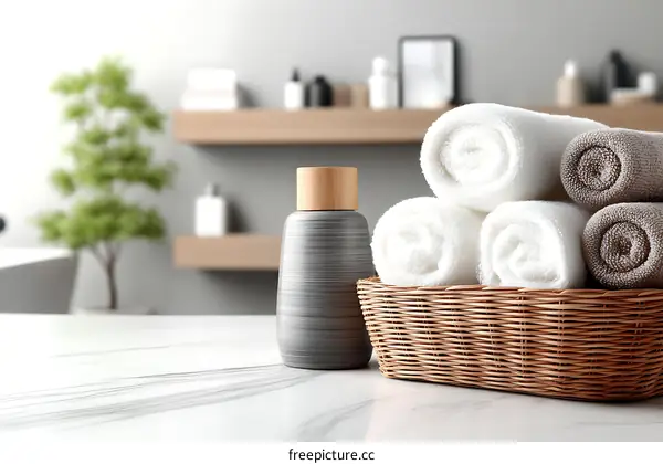 Rolled Towels in a Basket in a Modern Bathroom