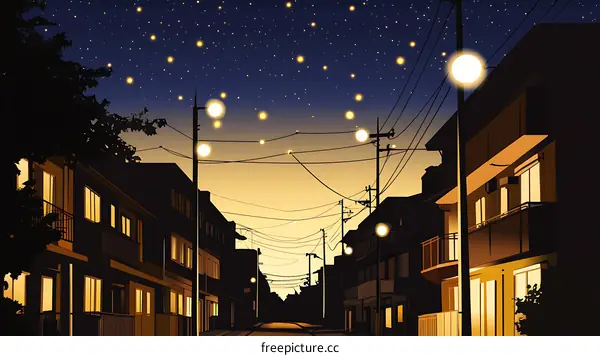 Nighttime Street Scene with Stars and Streetlights