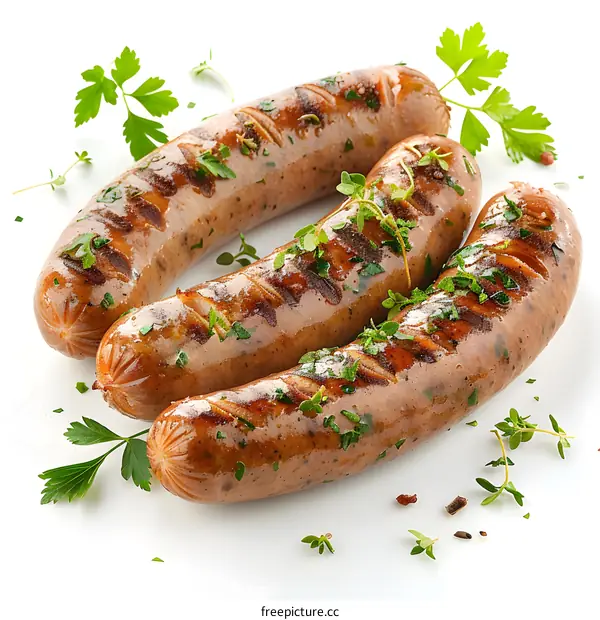 Grilled sausages with herbs on white background