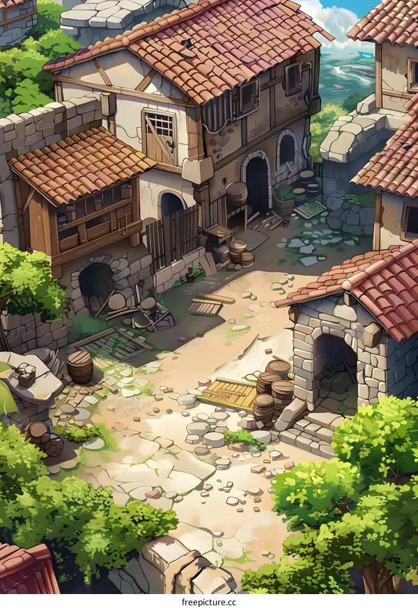Medieval Village Illustration With Stone Buildings And Greenery