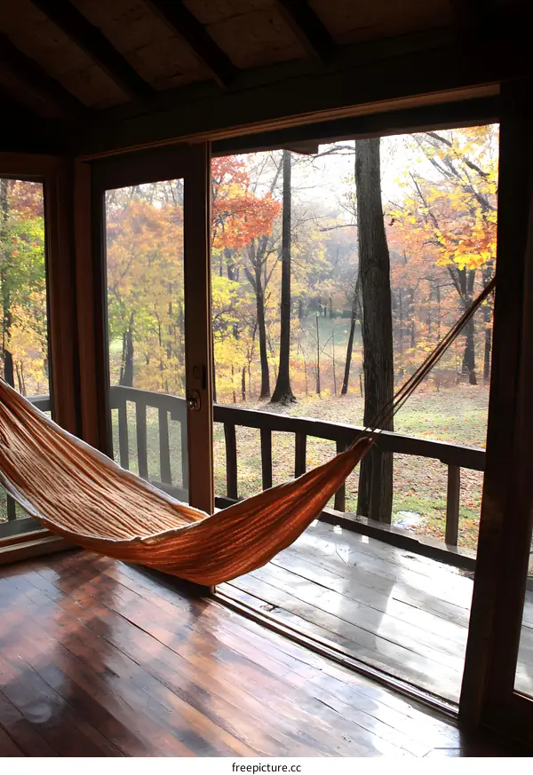 Hammock on Porch with View of Autumn Trees