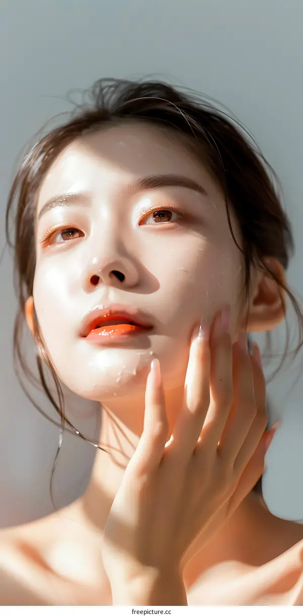 Close Up Asian Woman Applying Facial Treatment