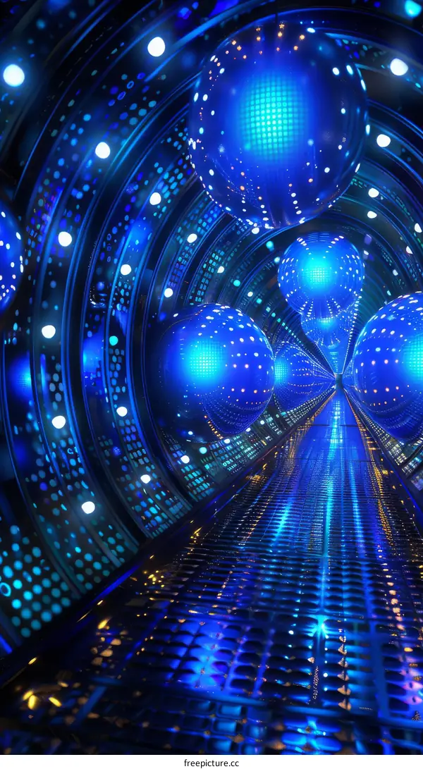 Blue Spheres in Futuristic Tunnel
