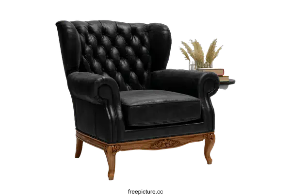 [Transparent Background PNG]Classic Black Leather Wingback Armchair