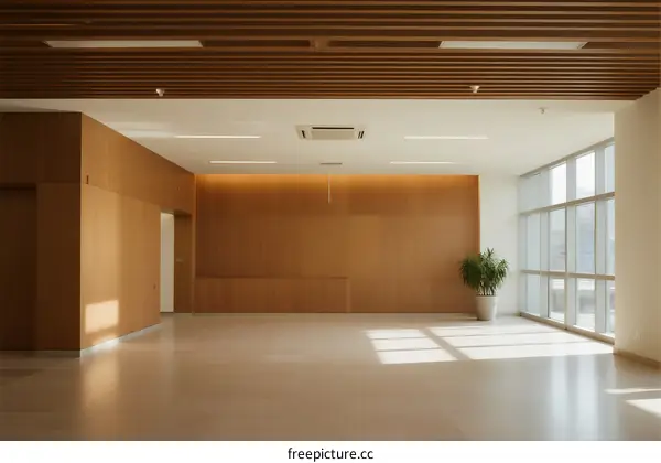 Bright and spacious modern interior with wooden panels and large windows