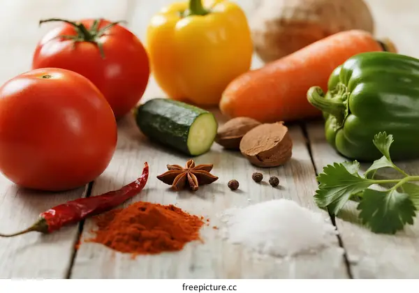 Fresh Vegetables and Spices Arranged on Wooden Table