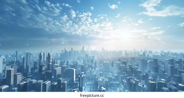 A Vibrant Cityscape with Blue Skies and White Clouds