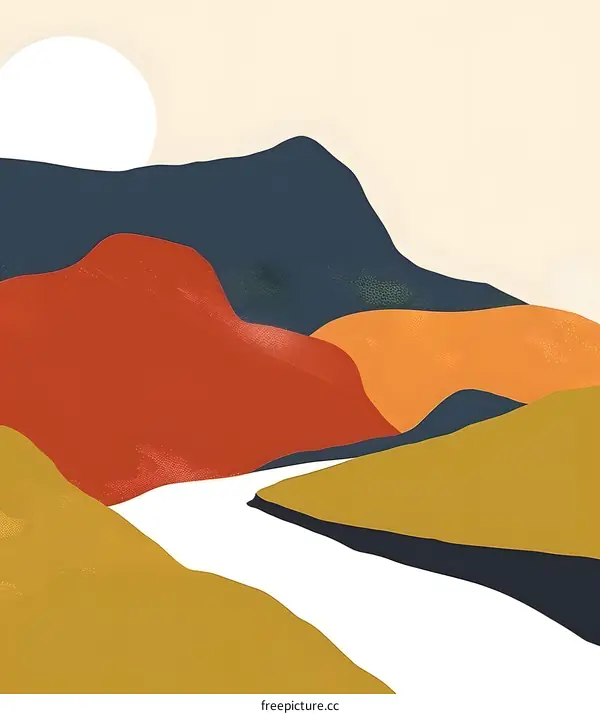 Abstract Mountain Landscape Illustration with Sun and River