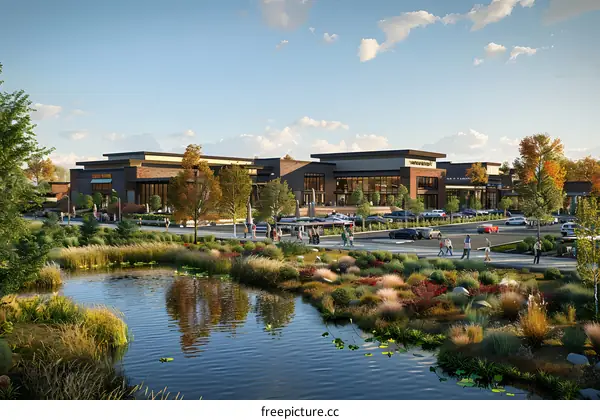 Modern Building with Pond and People Walking