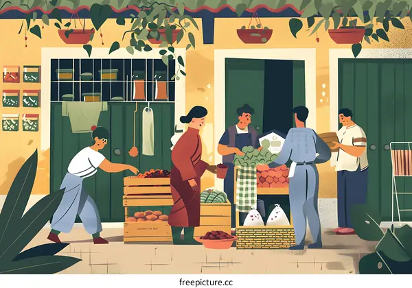 Illustration of a Farmers Market with People Buying Fresh Produce