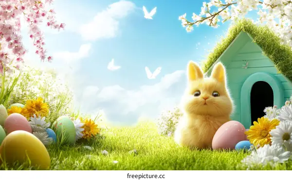 Easter Bunny in a Spring Meadow with Colorful Eggs