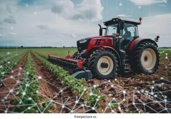 Tractor working in a field with a connected network