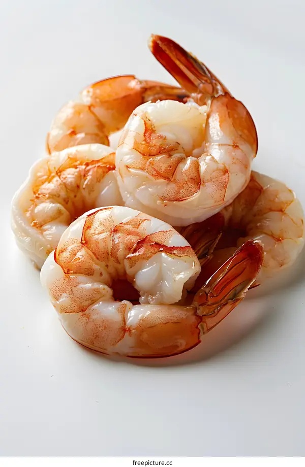 several raw shrimps on a white background