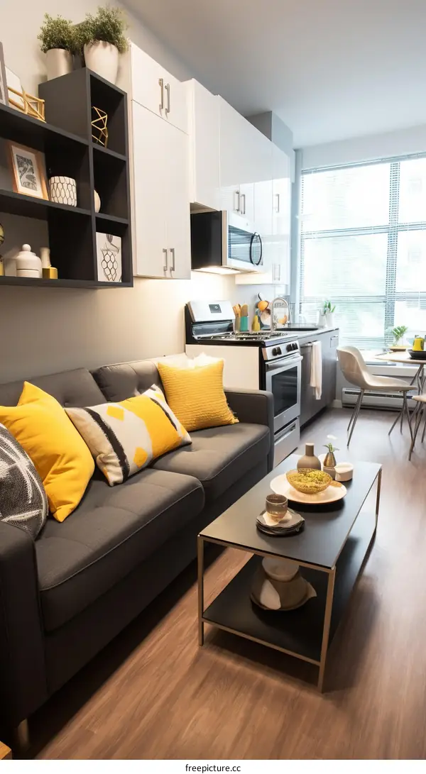 Modern Living Room with Open Kitchen and Yellow Accents