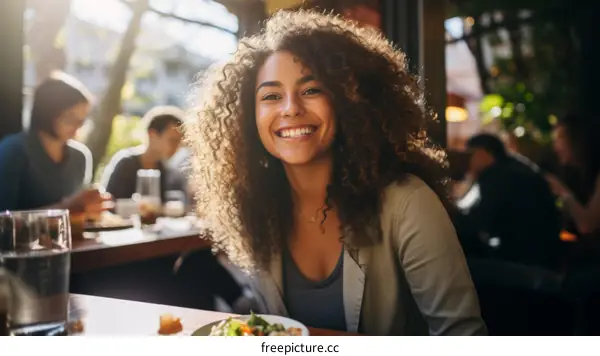 Portrait of a young woman with curly hair smiling at the camera