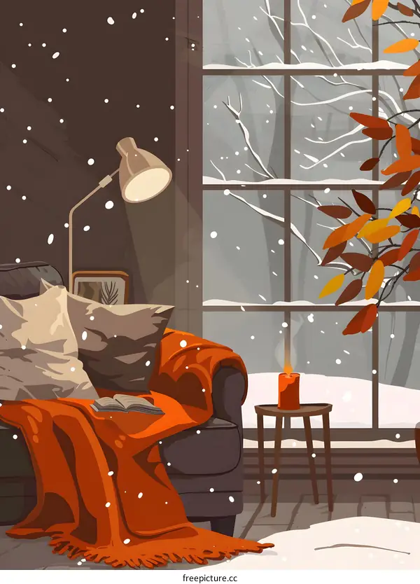 Cozy Winter Home Interior With Snow Falling Outside The Window