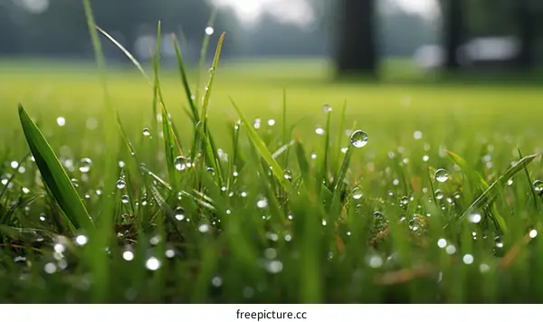 Glistening Dew Drops on Vibrant Grass Blades in Serene Morning Light