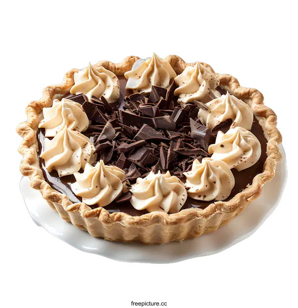 [Transparent Background PNG]Close-up of a chocolate cream pie with whipped cream and chocolate shavings on a white plate