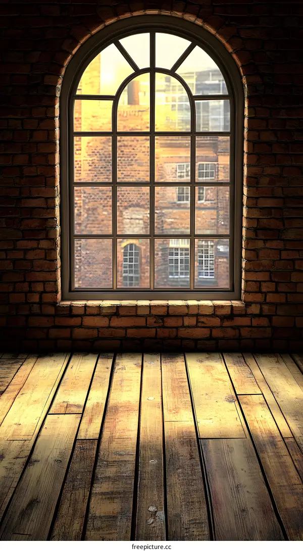 Arch Window in a Brick Wall with Wooden Floor
