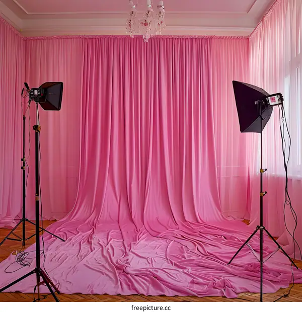 Pink Backdrop Photography Studio Setup with Lighting Equipment