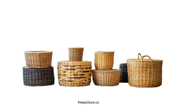 [Transparent Background PNG]Wicker Baskets Arrangement in a Modern Living Room
