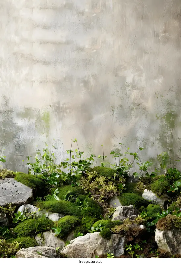 Green Moss and Rocks with Grey Wall Background