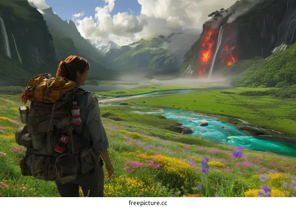 A lone traveler stands in a valley and gazes at a waterfall of lava.