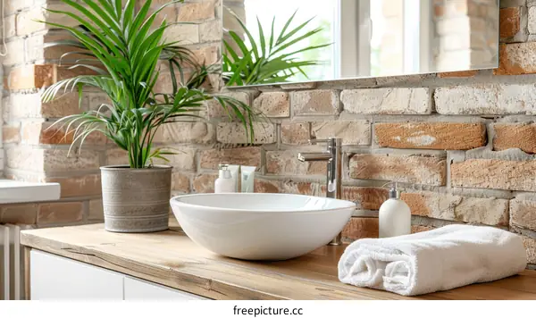 Bathroom interior with a brick wall and a large plant