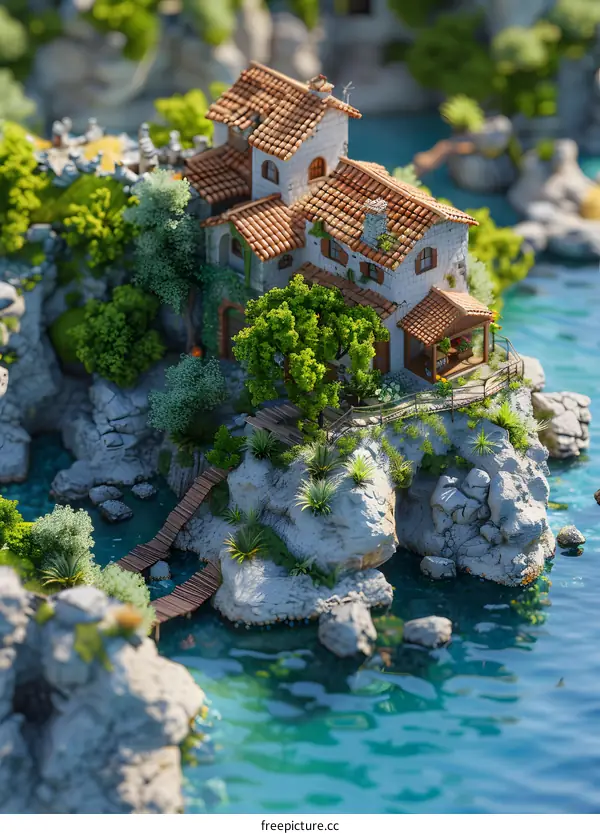 Stone House on Cliff with Wooden Bridges Over Water