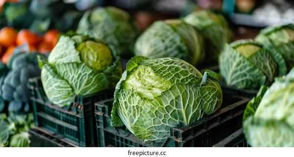 Freshly Harvested Green Cabbages in Crates at a Farmers' Market