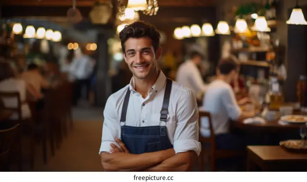 Portrait of a happy young male waiter in a restaurant