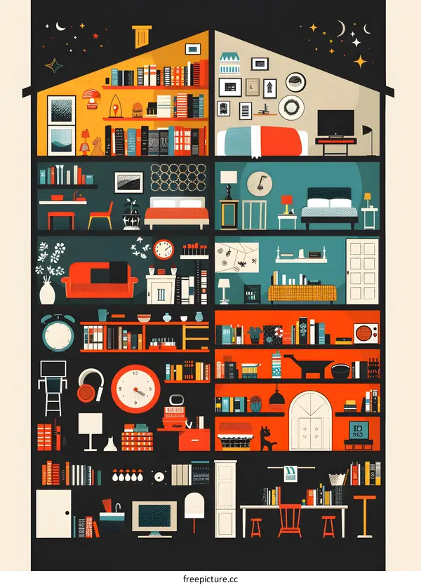 Cutout Illustration of a Home with Different Rooms and Furniture