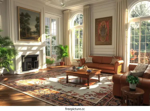 Living Room Interior Design with Large Windows and a Fireplace