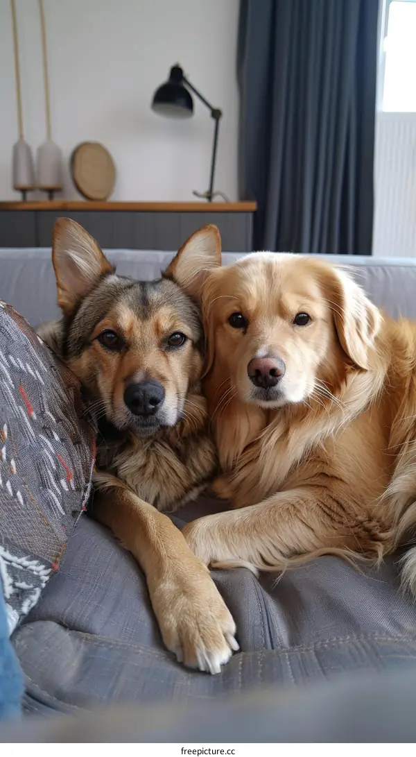 Two dogs lying on a couch