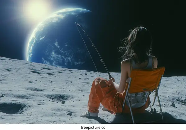 Astronaut Fishing on the Moon with Earth in View