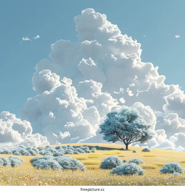Beautiful Sky with Fluffy Clouds and a Solitary Tree
