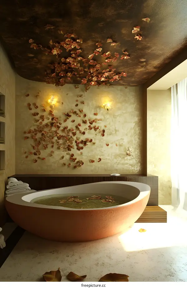 Modern Bathroom with Oval Tub and Flower Decorations