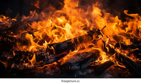 Close-up of a bright burning bonfire at night